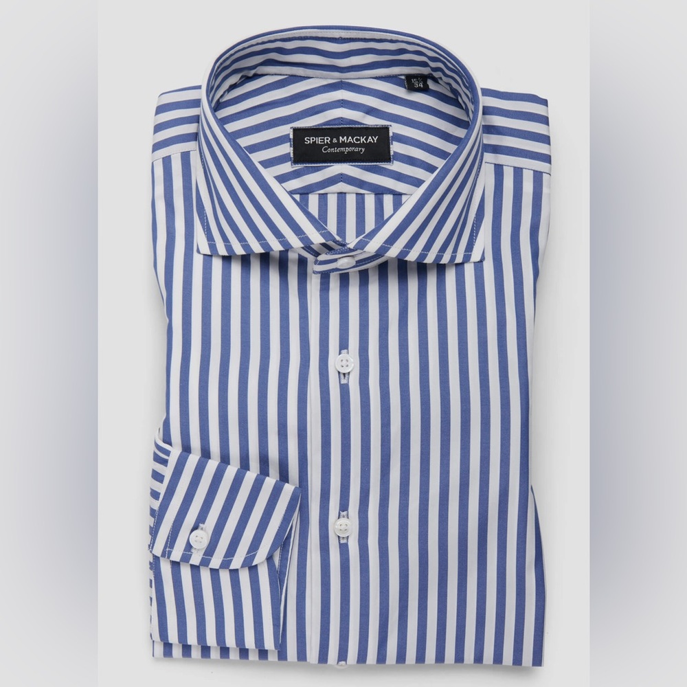 Spier & MacKay Dress Shirt, Blue Stripe Contemporary Fit Spread Collar, 16-35